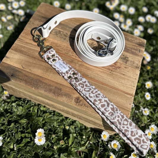 Laisse Biothane poignée interchangeable Leopard Blanc